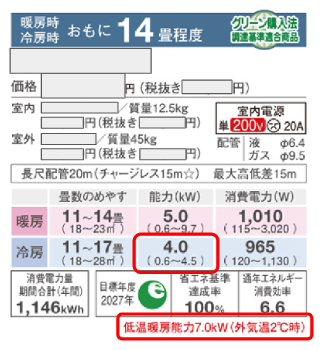 エアコンのカタログの仕様の画像